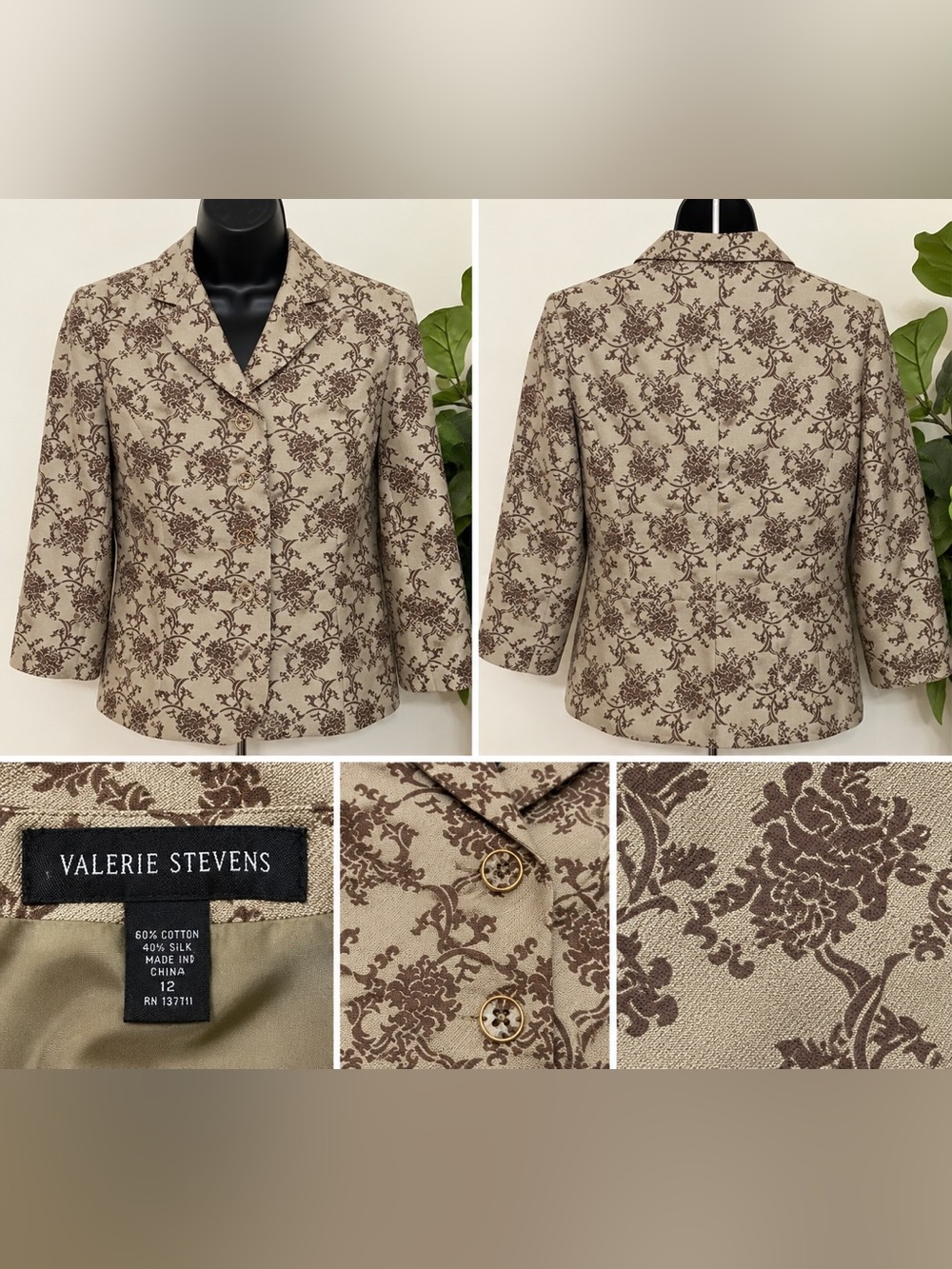 Valerie Stevens Beige Floral Jacquard Blazer